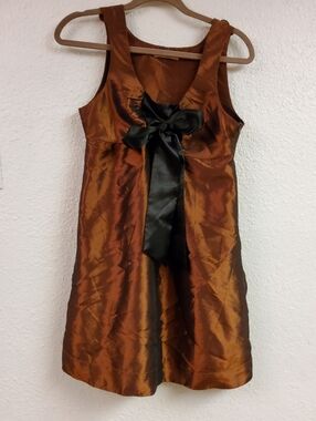 Vintage 90s Copper Brown Satin Dress with Black Bow Dress